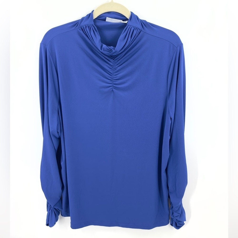 Susan Graver Top Womens 1X Liquid Knit Stretch Ruched Mock Neck Jewel Tone
